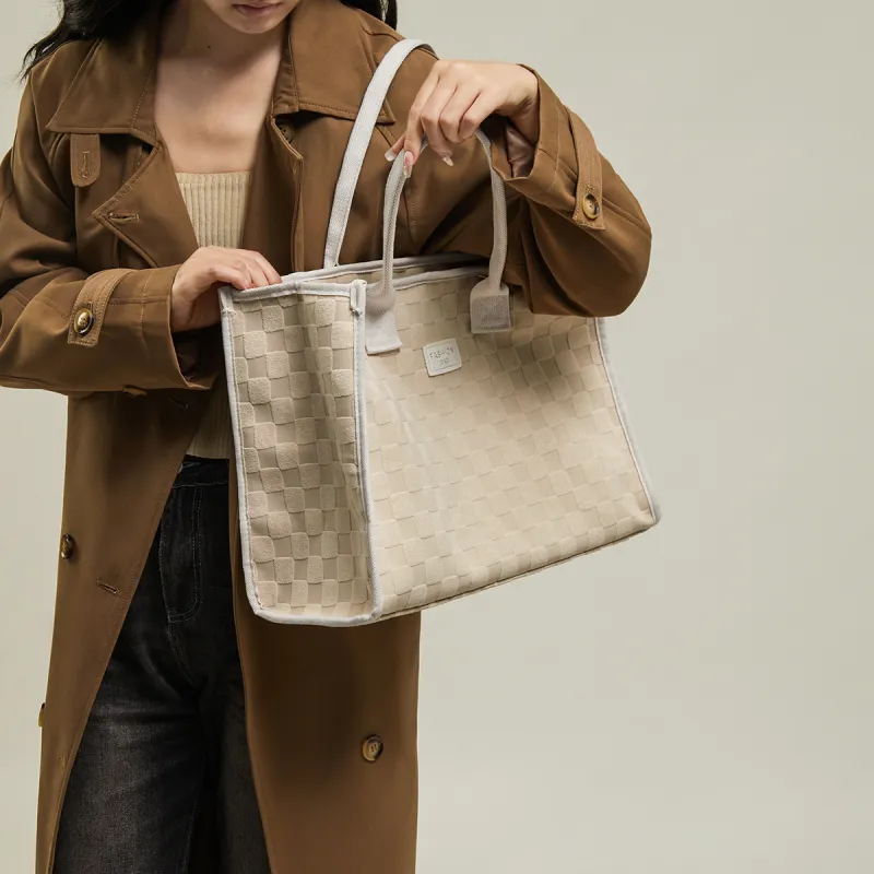 15 MINS Fabric Shoulder Bag Tote Bag Shopping Bag Large Size Women's Ecru/Khaki-3