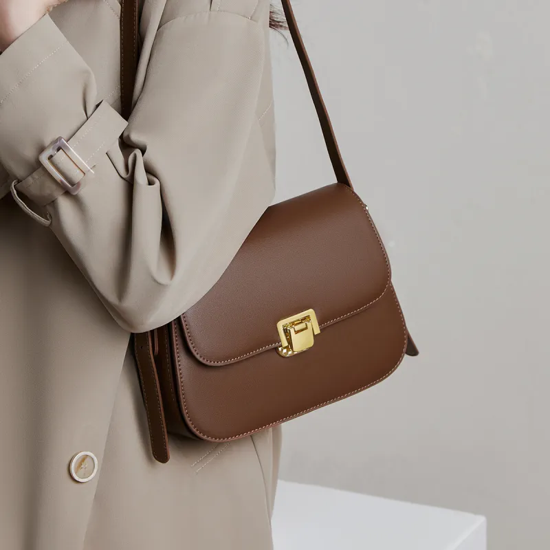 15 MINS Cow Leather Tofu Bag Small Square Bag Shoulder Bag Crossbody Bag Small Size Women's Coffee/Ecru-4
