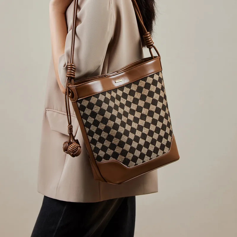 15 MINS Fabric, Synthetic Leather Bucket Bag, Shoulder Bag Large Size Women's Coffee-2