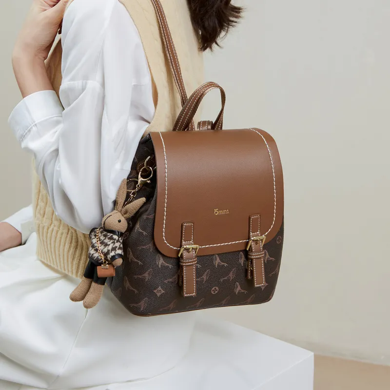 15 MINS PVC Synthetic Leather Monogram Backpack Large Size Women's Coffee-3