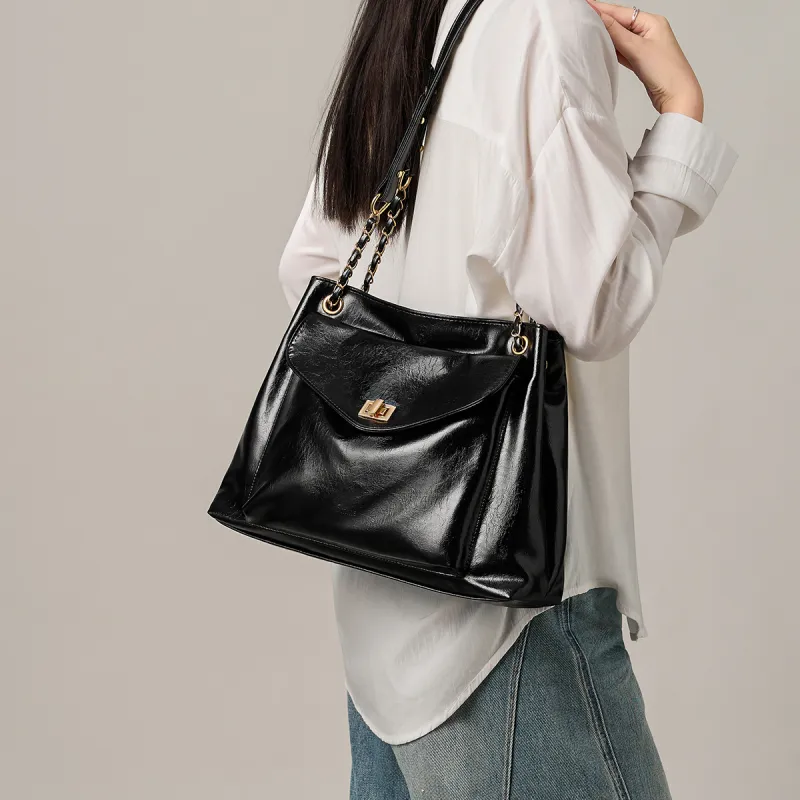 15 MINS Synthetic Leather Shoulder Bag Large Size Women's Green/Black/Brown/Ecru-6