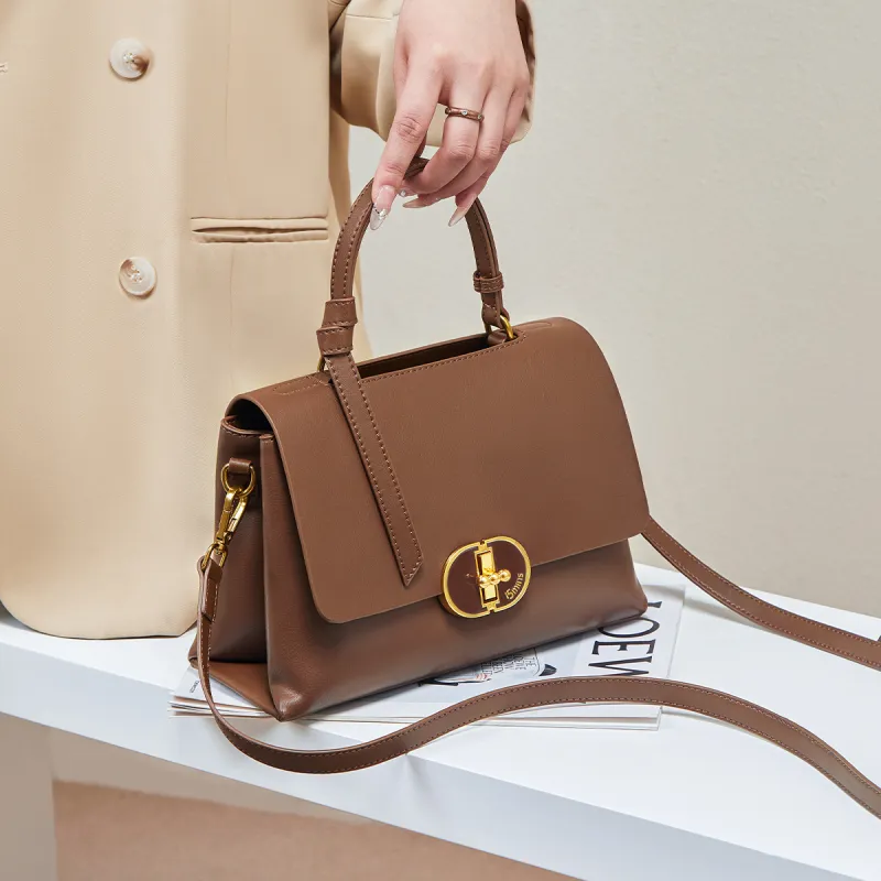 15 MINS Cow Leather Handbag Women's Ecru & Apricot/Coffee-8