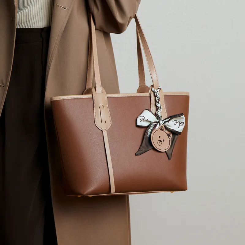 15 MINS Genuine Leather Tote Bag Shopping Bag Handbag Shoulder Bag Large Size Women's Cheese White/Honey Tea Brown-4