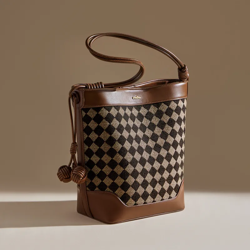 15 MINS Fabric, Synthetic Leather Bucket Bag, Shoulder Bag Large Size Women's Coffee-3