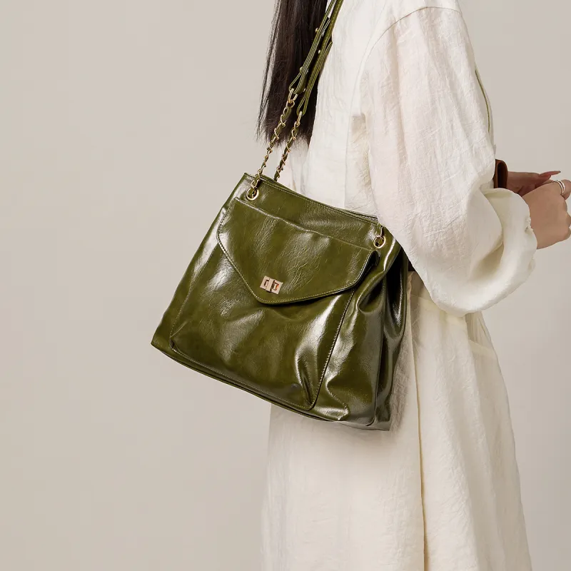 15 MINS Synthetic Leather Shoulder Bag Large Size Women's Green/Black/Brown/Ecru-1