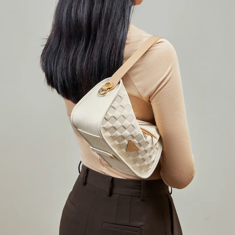 15 MINS Cow Leather Underarm Portable Crossbody Bag, Shoulder Bag Regular Women's Ecru & Apricot/Midnight Black-2
