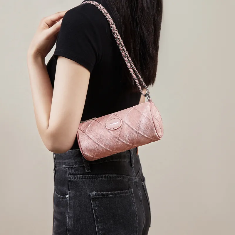 15 MINS Synthetic Leather Cylinder Bag Shoulder Bag Regular Women's Denim Blue/Dusty Pink-5