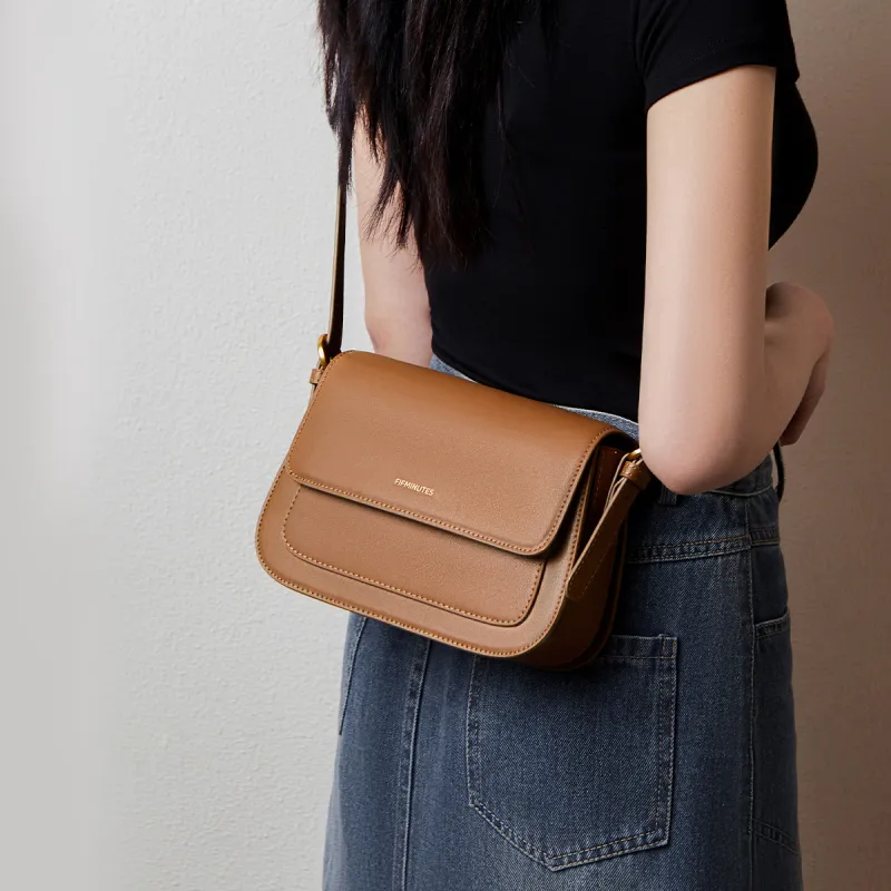 15 MINS Cow Leather Patchwork Synthetic Leather Crossbody Bag Women's Ecru/Midnight Black/Caramel Brown-11