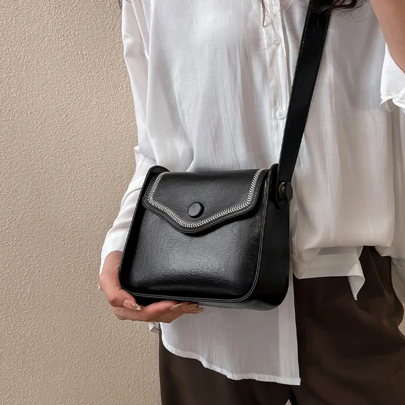 15 MINS Cow Leather Women's Crossbody Bag Mom Bag Shoulder Bag Small Size Women's Black-3