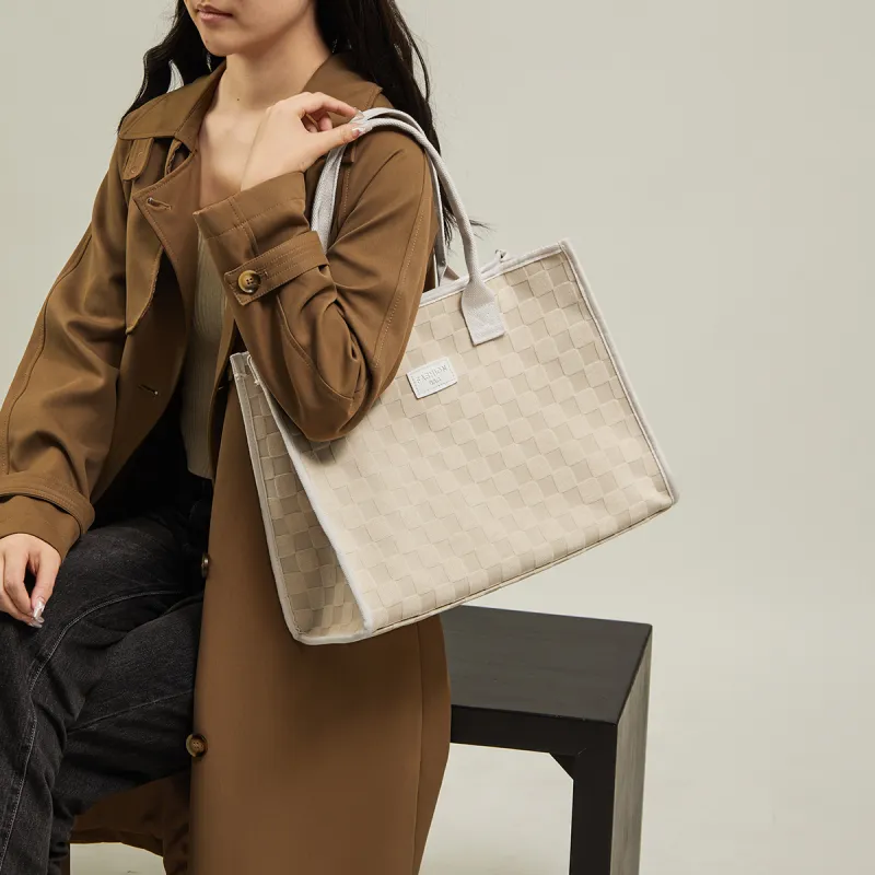 15 MINS Fabric Shoulder Bag Tote Bag Shopping Bag Large Size Women's Ecru/Khaki-2
