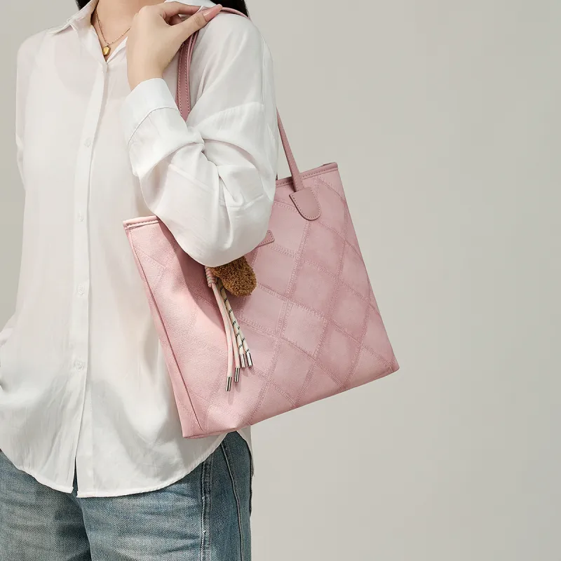 15 MINS Synthetic Leather Tote Bag, Shopping Bag, Shoulder Bag Large Size Women's Pink-2