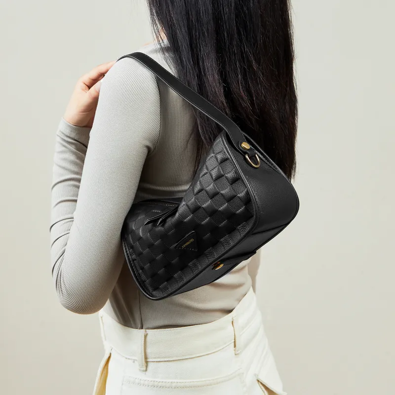 15 MINS Cow Leather Underarm Portable Crossbody Bag, Shoulder Bag Regular Women's Ecru & Apricot/Midnight Black-9