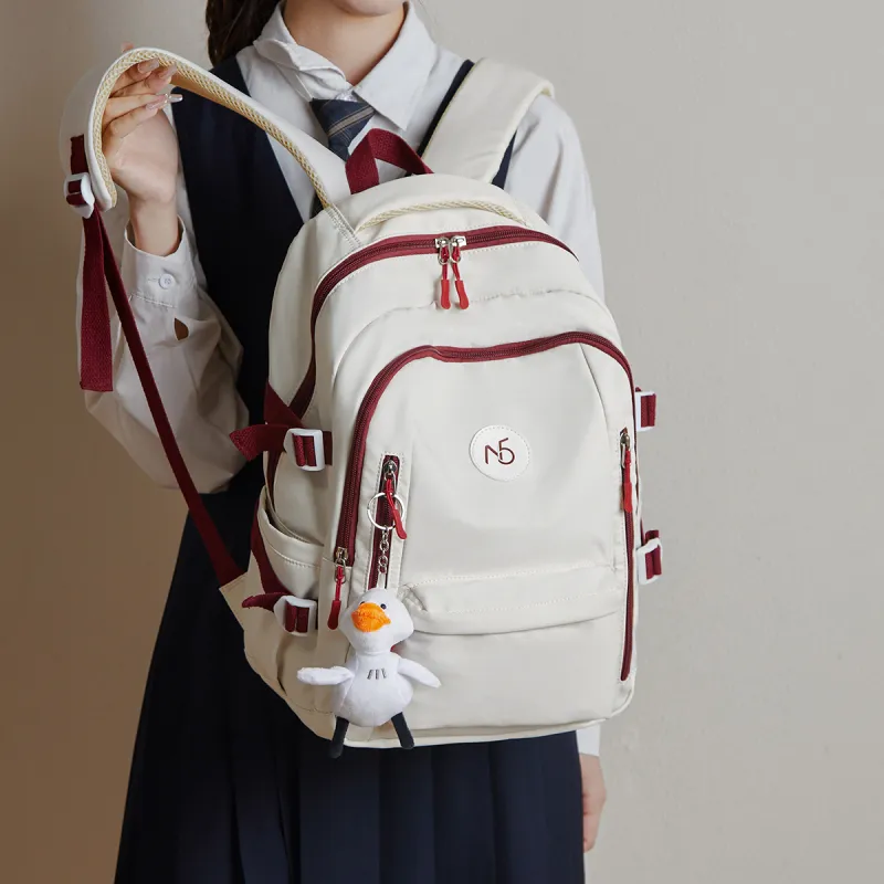 15 MINS Fabric With Synthetic Leather Laptop Bag Travel Bag Large Size Women's Ecru & Red-3
