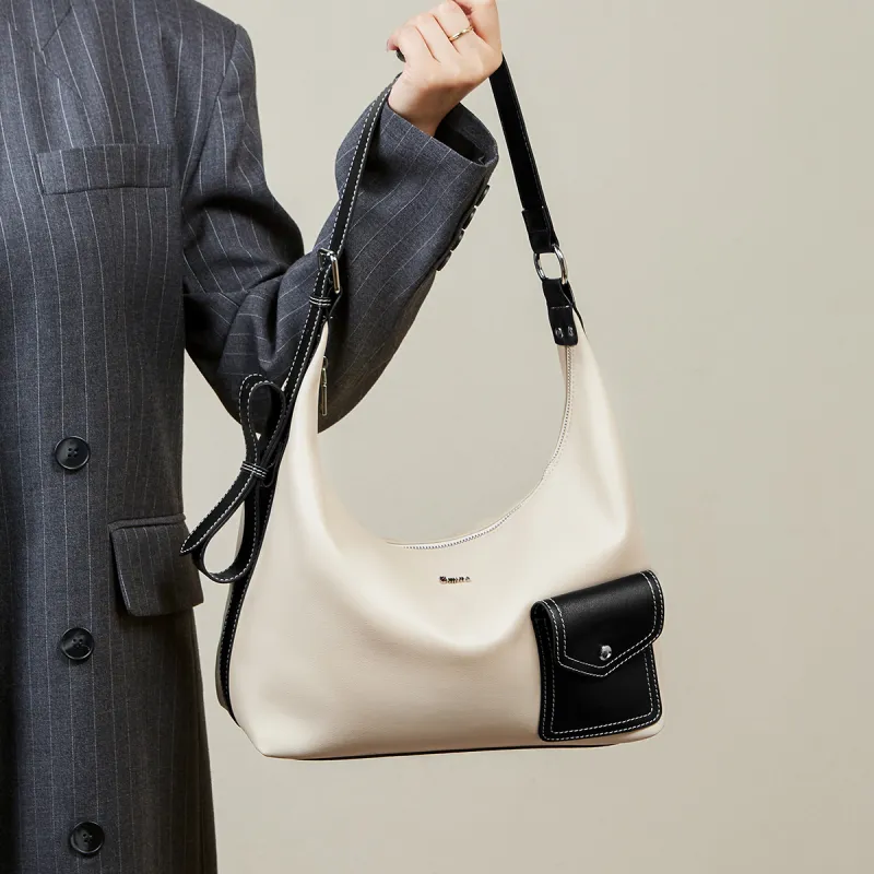 15 MINS Cow Leather Patchwork Synthetic Leather Tote Bag Shopping Bag Crossbody Bag Shoulder Bag Women's Ecru & Black-1
