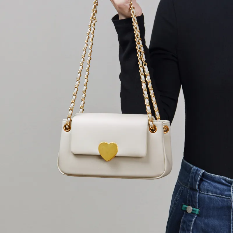 15 MINS Cow Leather Heart Shaped Shoulder Bag Crossbody Bag Small Size Women's Ecru/Midnight Black/Caramel Brown-2