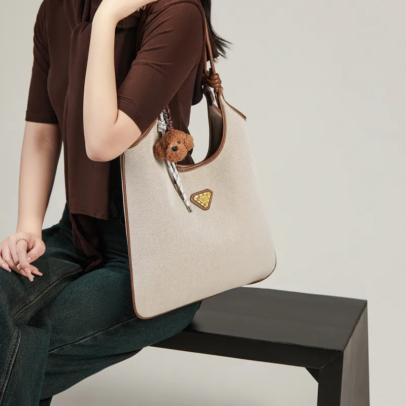 15 MINS Fabric, Synthetic Leather Shoulder Bag Women's White & Brown-3