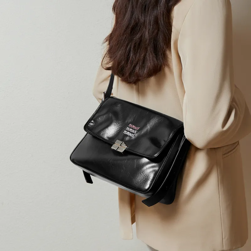 15 MINS Synthetic Leather Tote Bag Elegance Fashion Advanced Feminine Crossbody Bag Shoulder Bag Women's Black-4