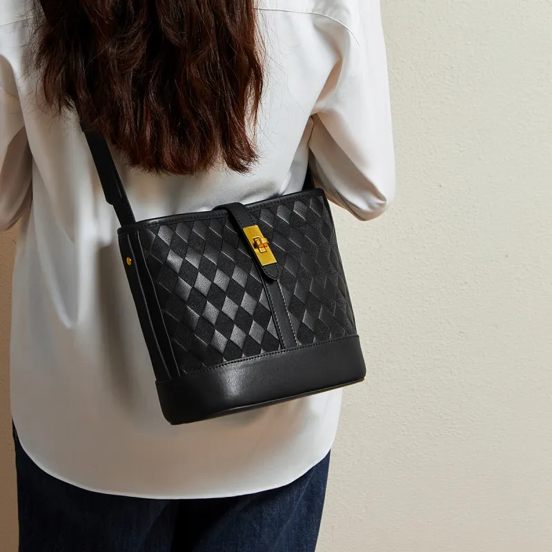 15 MINS Cow Leather Crossbody Bag, Shoulder Bag Regular Women's Ecru & Apricot/Midnight Black-8