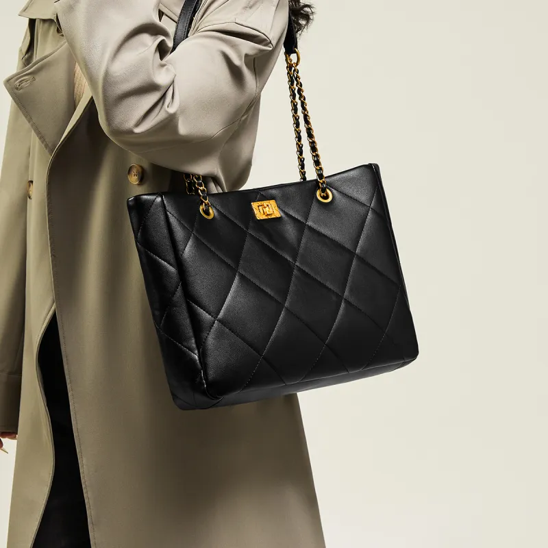 15 MINS Cow Leather Patchwork Synthetic Leather Tote Bag Shopping Bag Shoulder Bags Regular Women's Midnight Black-3
