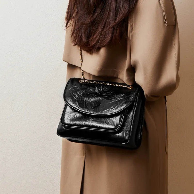 15 MINS Cow Split Leather Synthetic Leather Shoulder Bag Crossbody Bag Large Size Women's Midnight Black/Chestnut Brown-2