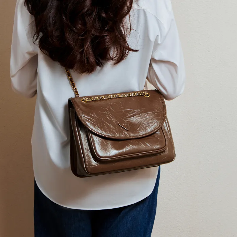 15 MINS Cow Split Leather Synthetic Leather Shoulder Bag Crossbody Bag Large Size Women's Midnight Black/Chestnut Brown-7