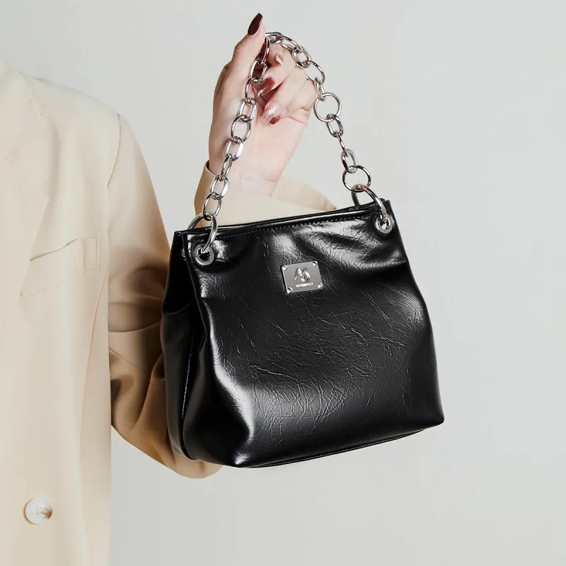 15 MINS Cow Leather Handbag Shoulder Bag Crossbody Bag Small Size Women's Midnight Black/Silver-1