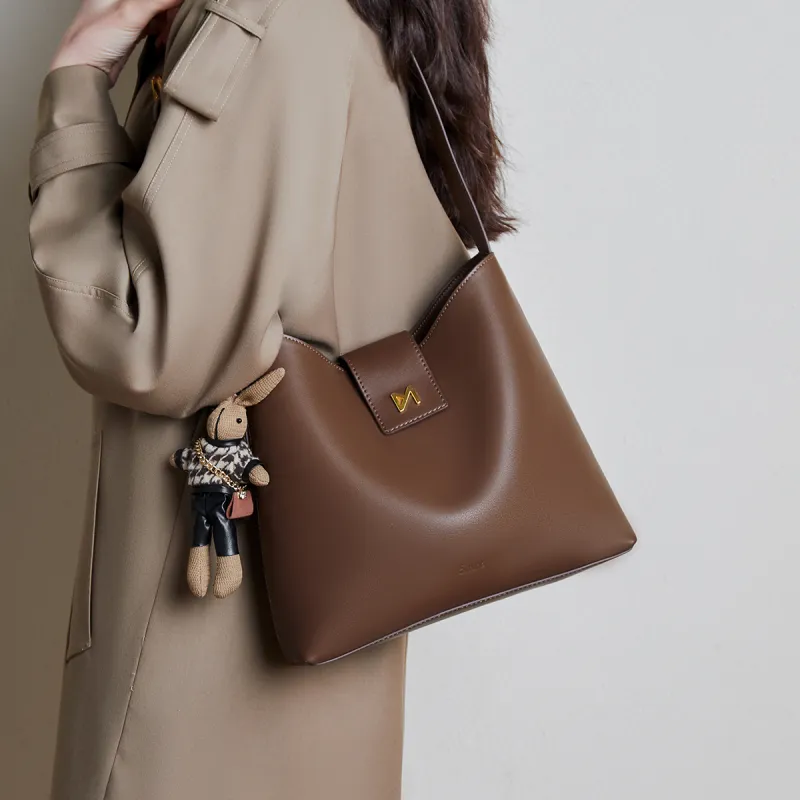 15 MINS Cow Leather Bucket Bags Crossbody Bag, Shoulder Bag Large Size Women's Coffee-2