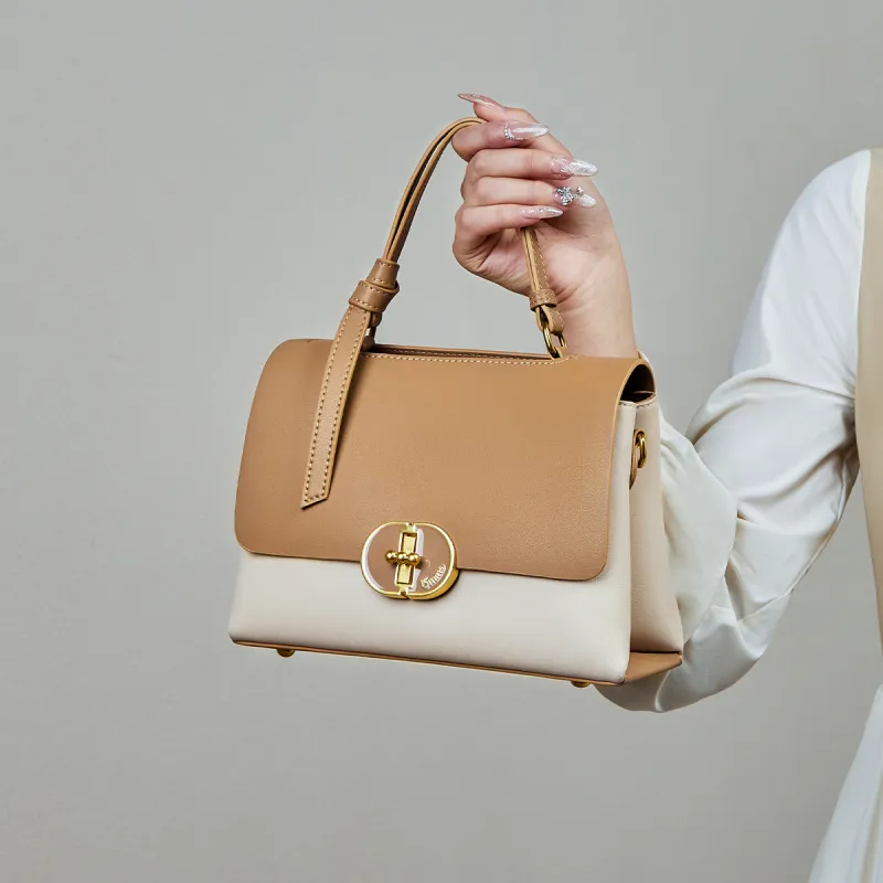 15 MINS Cow Leather Handbag Women's Ecru & Apricot/Coffee-1