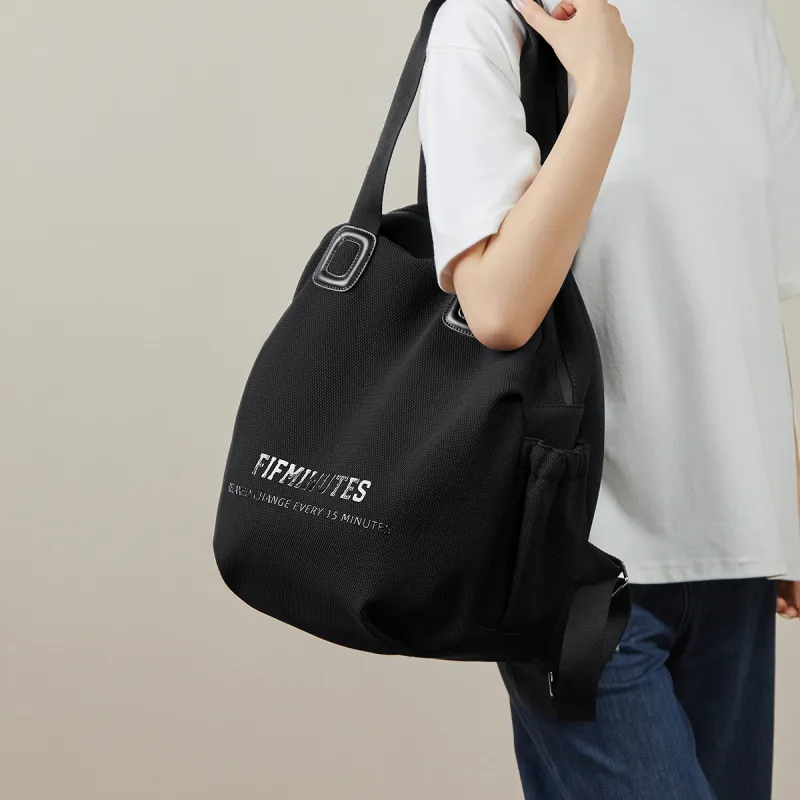 15 MINS Polyester With Synthetic Leather One Shoulder Portable Backpack Unisex Midnight Black/Khaki-2