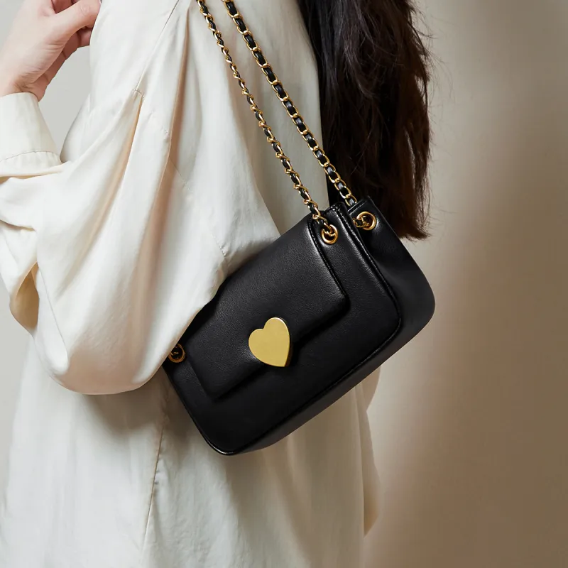 15 MINS Cow Leather Heart Shaped Shoulder Bag Crossbody Bag Small Size Women's Ecru/Midnight Black/Caramel Brown-6