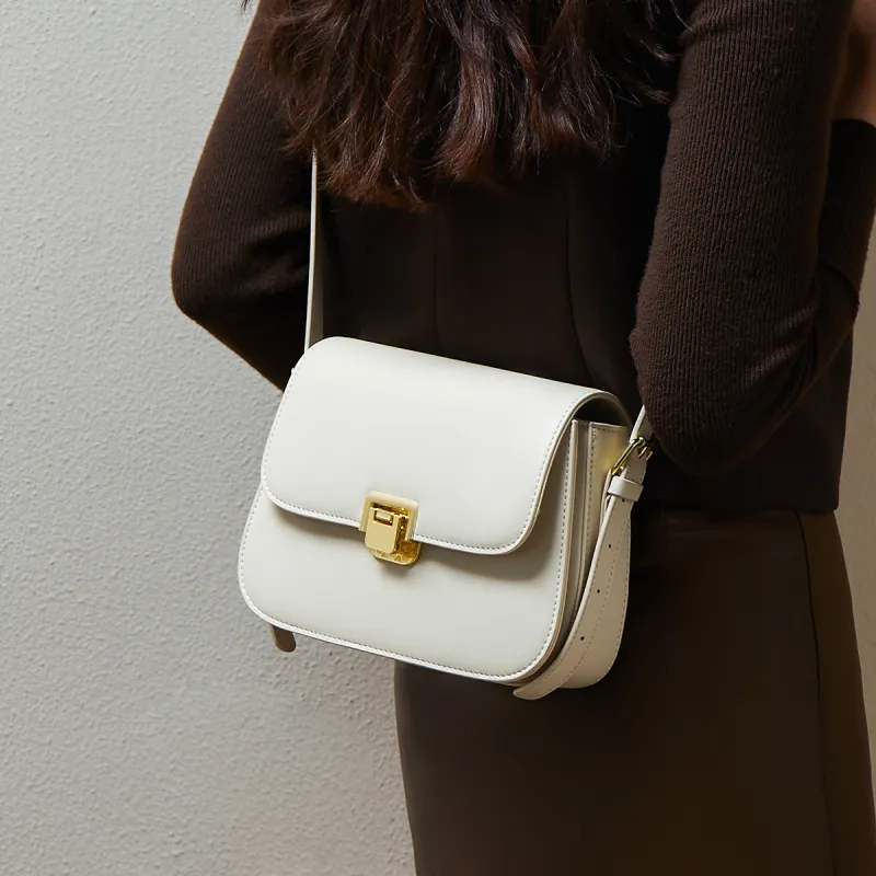 15 MINS Cow Leather Tofu Bag Small Square Bag Shoulder Bag Crossbody Bag Small Size Women's Coffee/Ecru-8