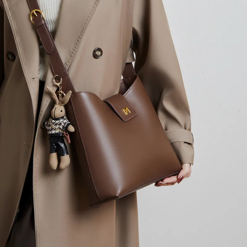 15 MINS Cow Leather Bucket Bags Crossbody Bag, Shoulder Bag Large Size Women's Coffee-1