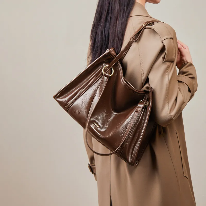 15 MINS Synthetic Leather Tote Bag Shoulder Bag Women's Coffee/Ecru-3