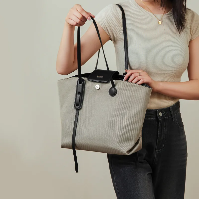 15 MINS Fabric With Synthetic Leather Shoulder Bags Handbags Large Size Women's Khaki/Black-1