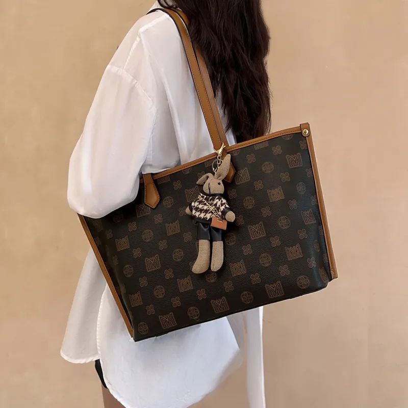 15 MINS PVC Shoulder Bag Handbag Shopping Bag Large Size Women's Coffee/Ecru-2