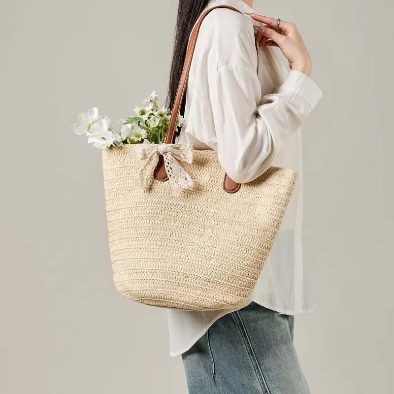 15 MINS Synthetic Leather Tote Bag, Tote Bag, Armpit Shoulder Bag Women's Ecru/Khaki-1