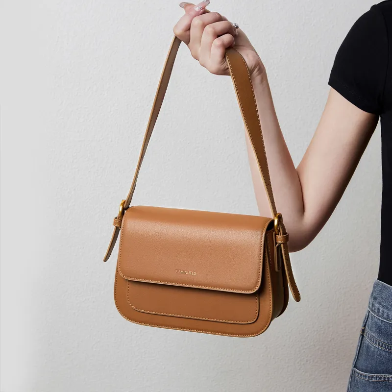 15 MINS Cow Leather Patchwork Synthetic Leather Crossbody Bag Women's Ecru/Midnight Black/Caramel Brown-13