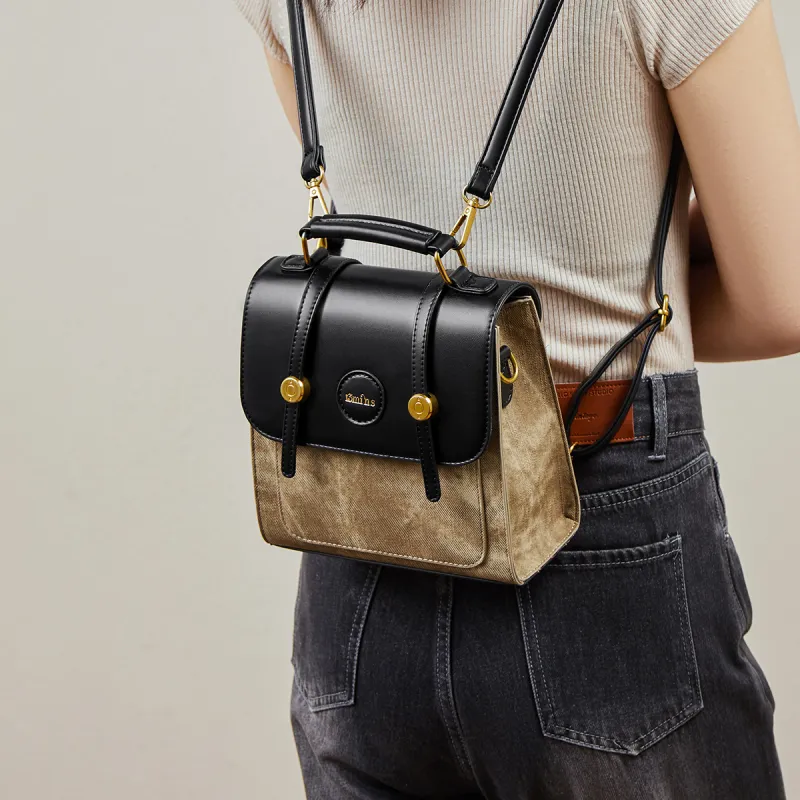 15 MINS Synthetic Leather Backpack Women's Khaki & Black/Beige White & Apricot-1