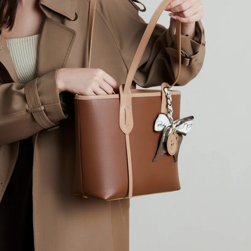 15 MINS Genuine Leather Tote Bag Shopping Bag Handbag Shoulder Bag Large Size Women's Cheese White/Honey Tea Brown-3