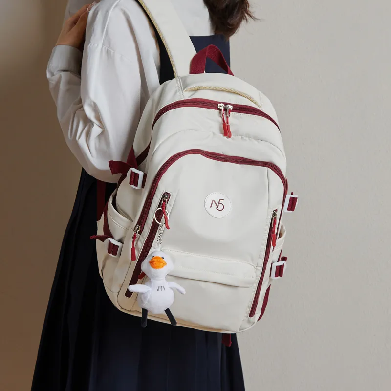 15 MINS Fabric With Synthetic Leather Laptop Bag Travel Bag Large Size Women's Ecru & Red-1