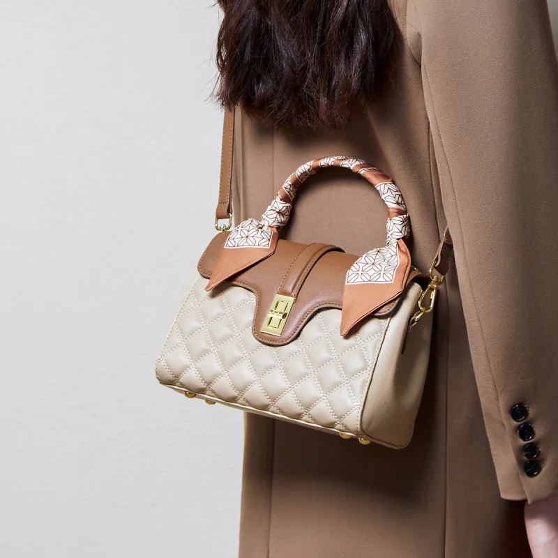 15 MINS Cow Leather With Synthetic Leather Handbag, Shoulder Bag, Crossbody Bag Regular Women's Cream Apricot & Brown-2