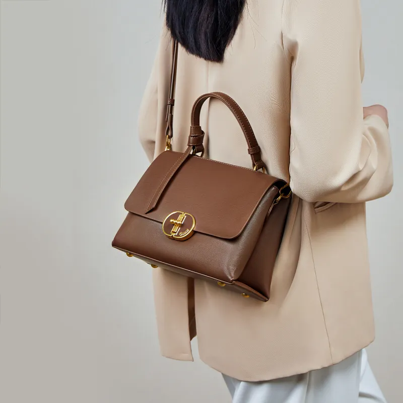 15 MINS Cow Leather Handbag Women's Ecru & Apricot/Coffee-7