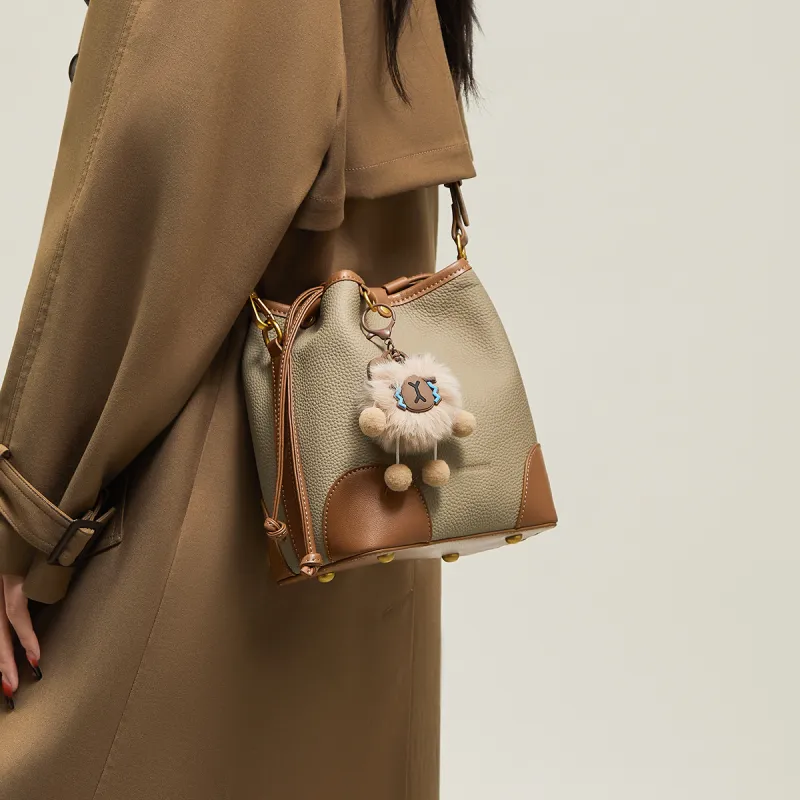 15 MINS Top Grain Cow Leather Crossbody Bag Shoulder Bag Regular Women's Khaki & Brown-2