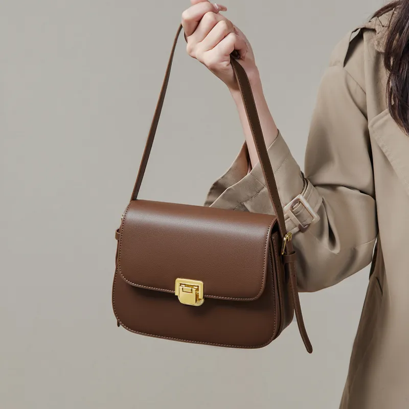 15 MINS Cow Leather Tofu Bag Small Square Bag Shoulder Bag Crossbody Bag Small Size Women's Coffee/Ecru-1
