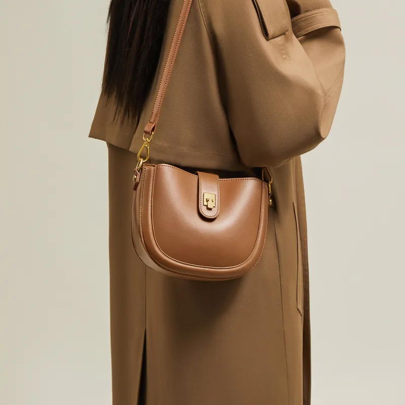 15 MINS Cow Leather Patchwork Synthetic Leather Saddle Bag Shoulder Bag Crossbody Bag Regular Women's Cocoa Brown-4