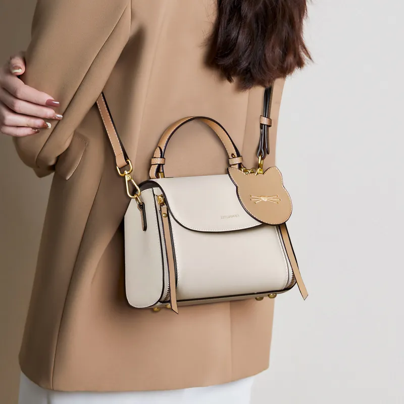 15 MINS Cow Leather Small Cat Pendant Square Bag Crossbody Bag Shoulder Bag Handbag Small Size Women's Ecru-6