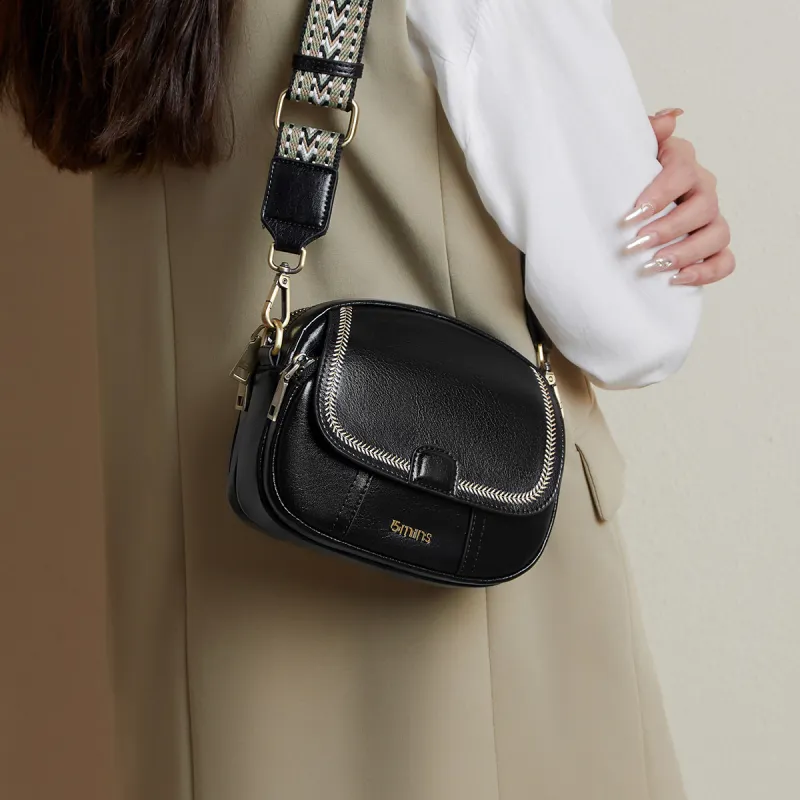15 MINS Cow Leather With Synthetic Leather Small Round Bag, Crossbody Bag, Shoulder Bag Women's Night Black-3