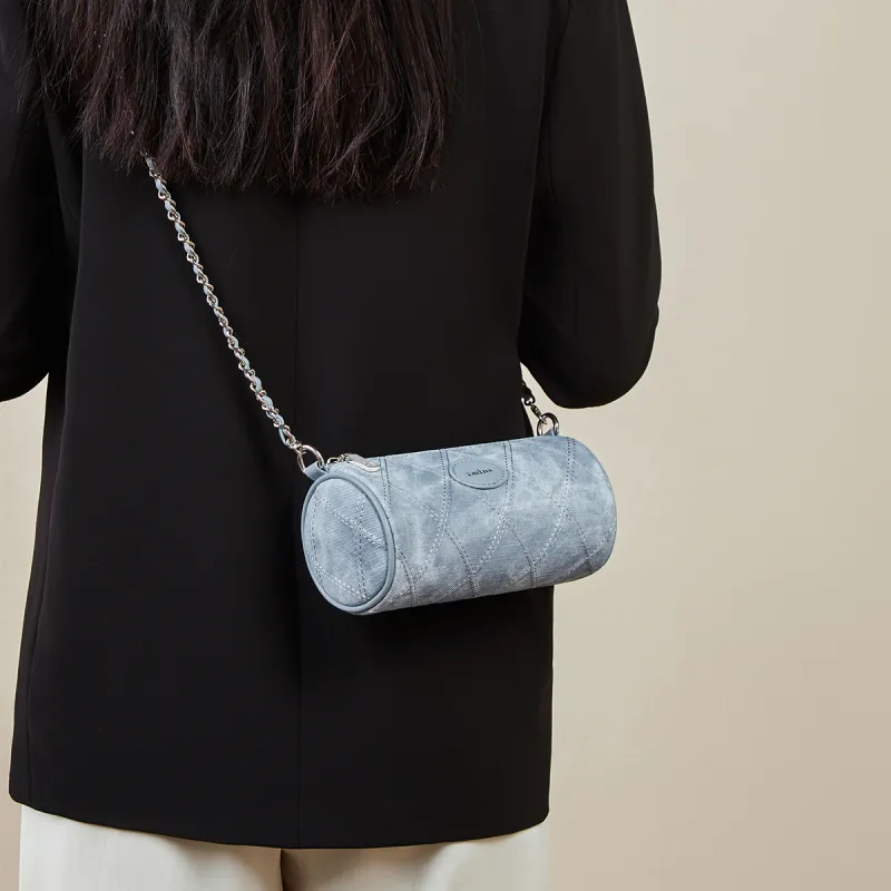15 MINS Synthetic Leather Cylinder Bag Shoulder Bag Regular Women's Denim Blue/Dusty Pink-1