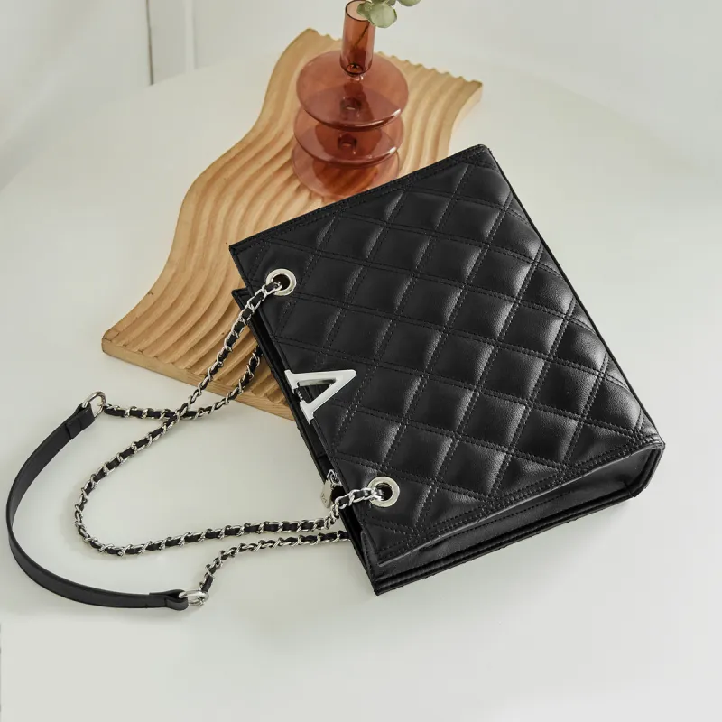 15 MINS Cow Leather Patchwork Synthetic Leather Commuter Bag Chain Bag Tote Shoulder Bag Regular Women's Black-6