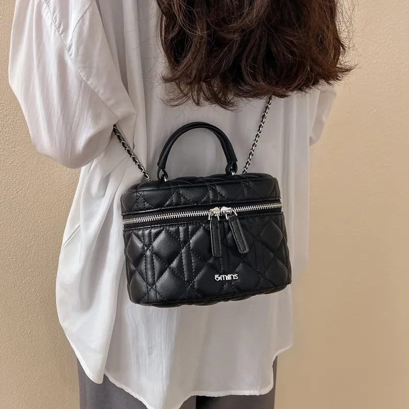 15 MINS Cow Leather Box Bag, Crossbody Bag, Shoulder Bag Mini Women's Ecru/Black-5
